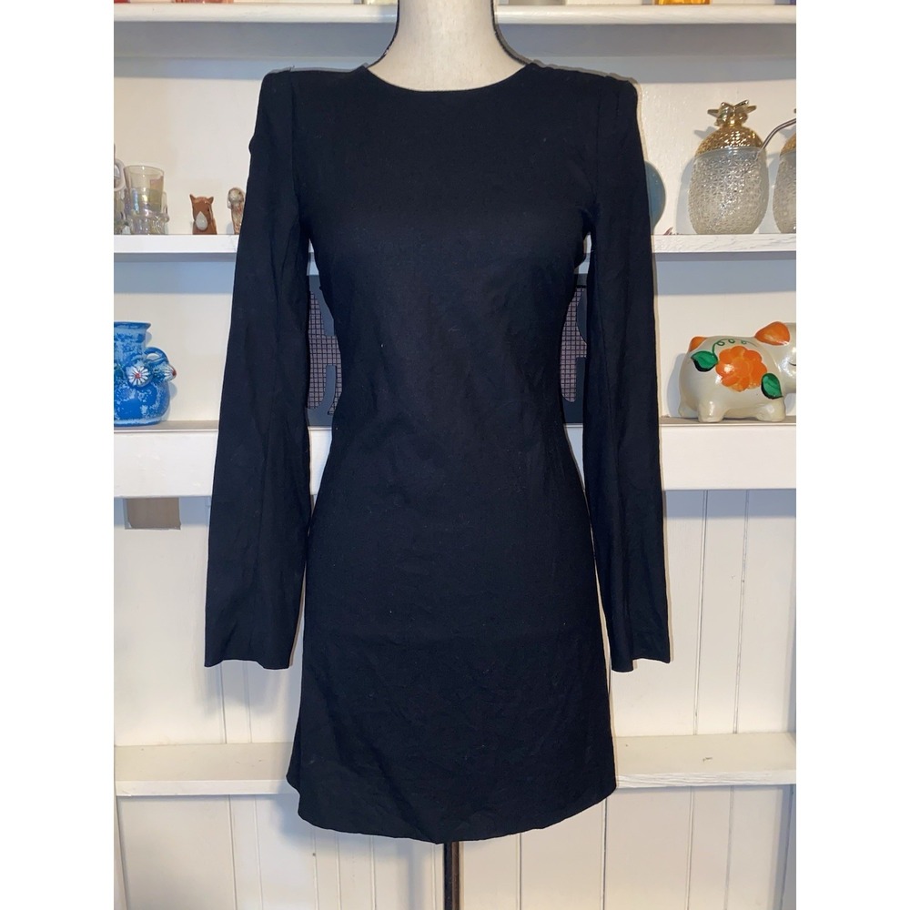 Theory Black Wool Shoulder Pads Long Sleeve Bodycon Dress Size 0 Minimalist
